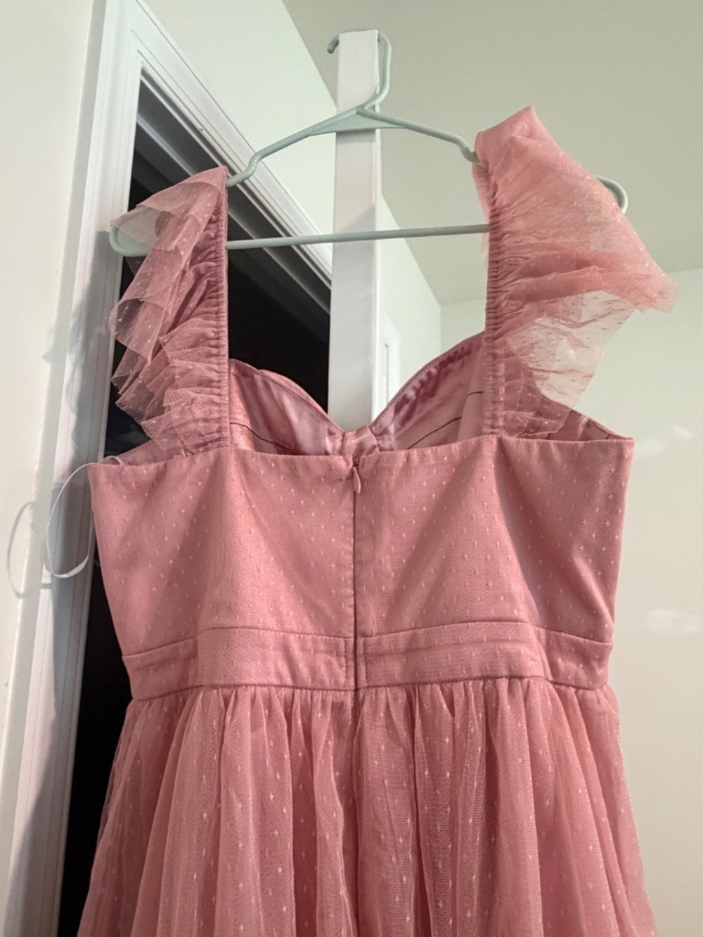 Lulus Pretty Promise Mauve Pink Swiss Dot Tulle Ruffled Midi Dress - Size XL - Picture 5 of 6